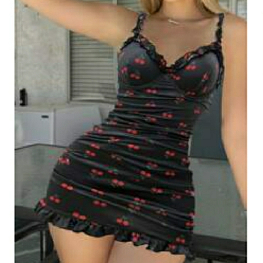 SHEIN Women's Black Chemise with Red Cherry Design